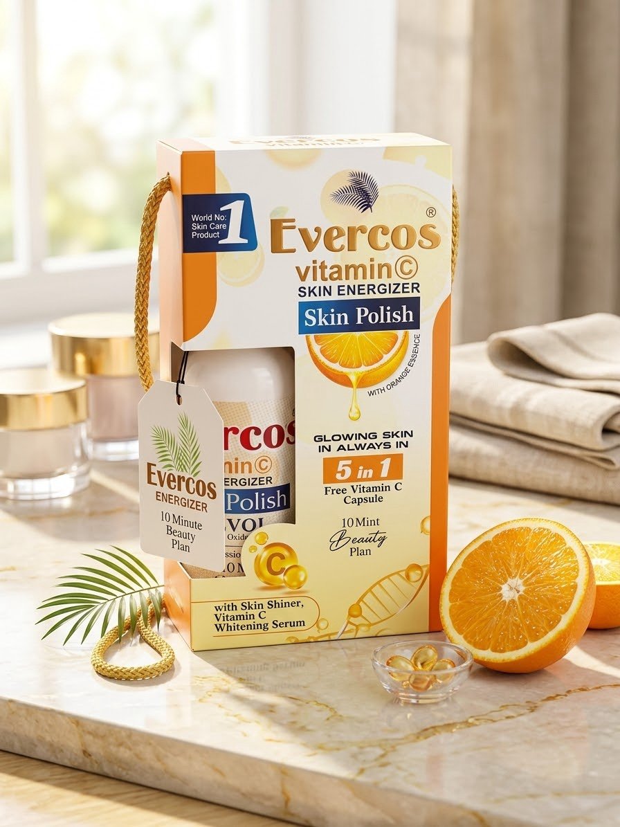 EVERCOS VITAMIN C SKIN ENERGIZER SKIN POLISH GLOWING SKIN IN ALWAYS 5 in 1 FREE VITAMIN C CAPSULE