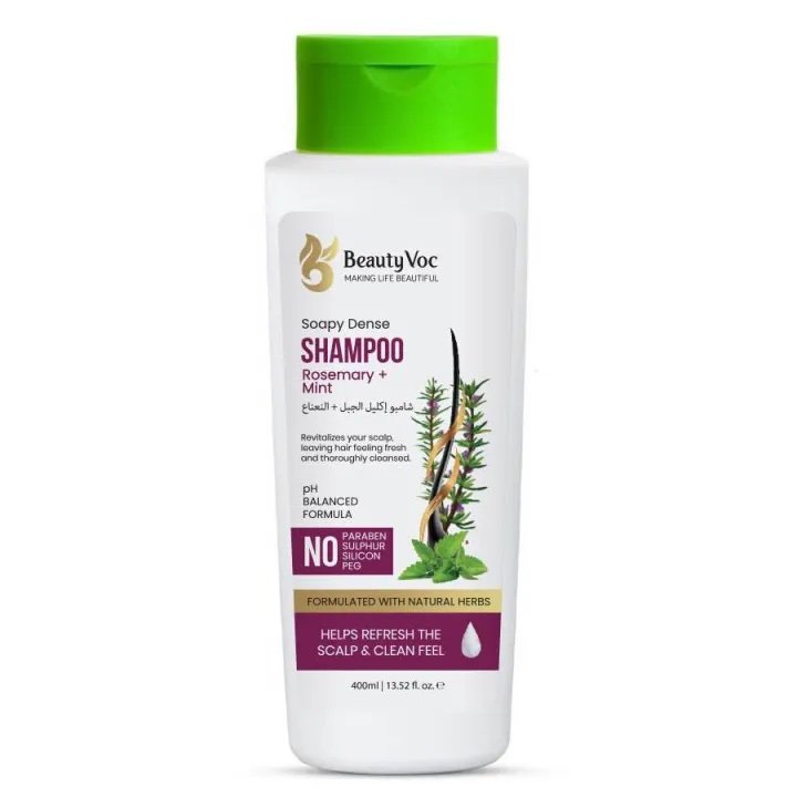 Beautyvoc - Rosemary Shampoo with Mint 400 ml - Hair Growth, Anti Dandruff, Improve Scalp Health, Hair Thickness, Deep Cleansing